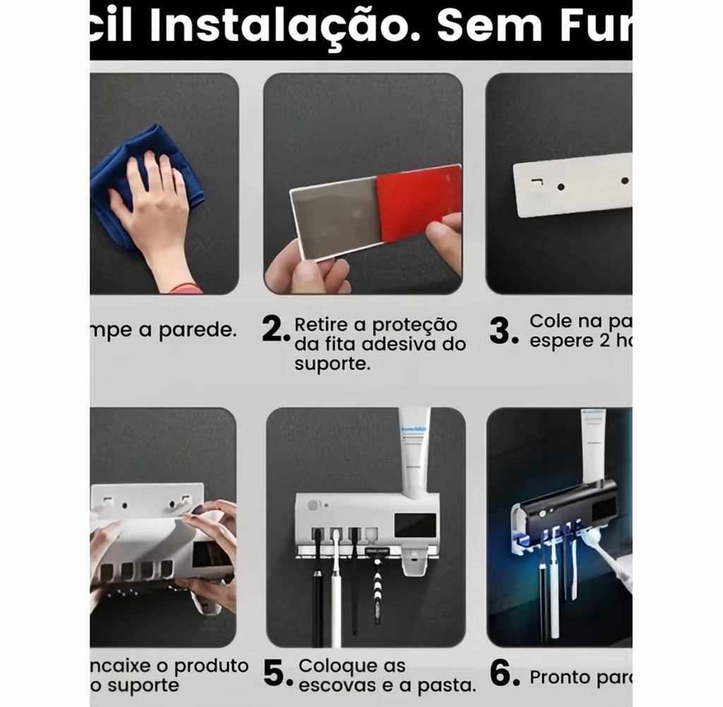 Porta Escova de Dente com Esterilizador UV + Espremedor Automático de Pasta | Solar + USB